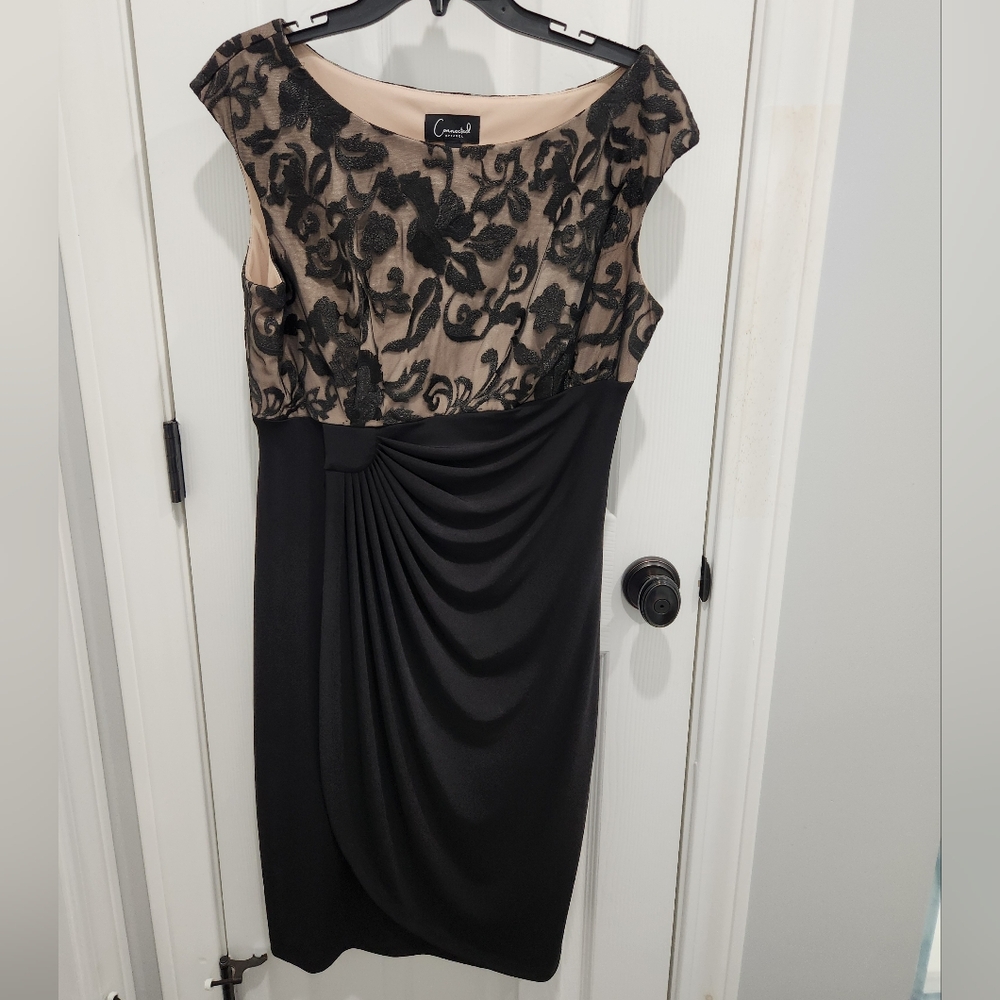 Connected Apparel dress black lace upper With Brown Underline Soutache Faux-Wrap